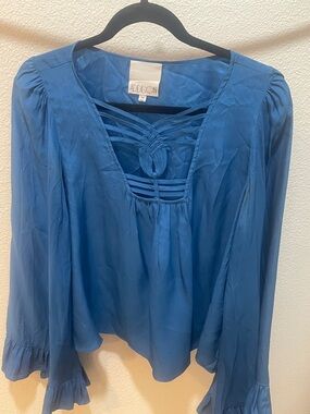 Blue Long-Sleeve Lace-Up Peasant Blouse